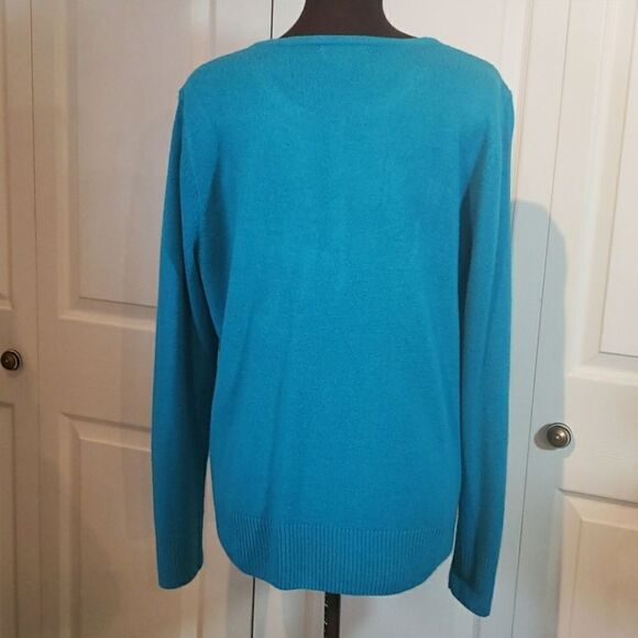 CJ Banks Teal Rhinestone Button Up Long Sleeve Sweater - Picture 5 of 7